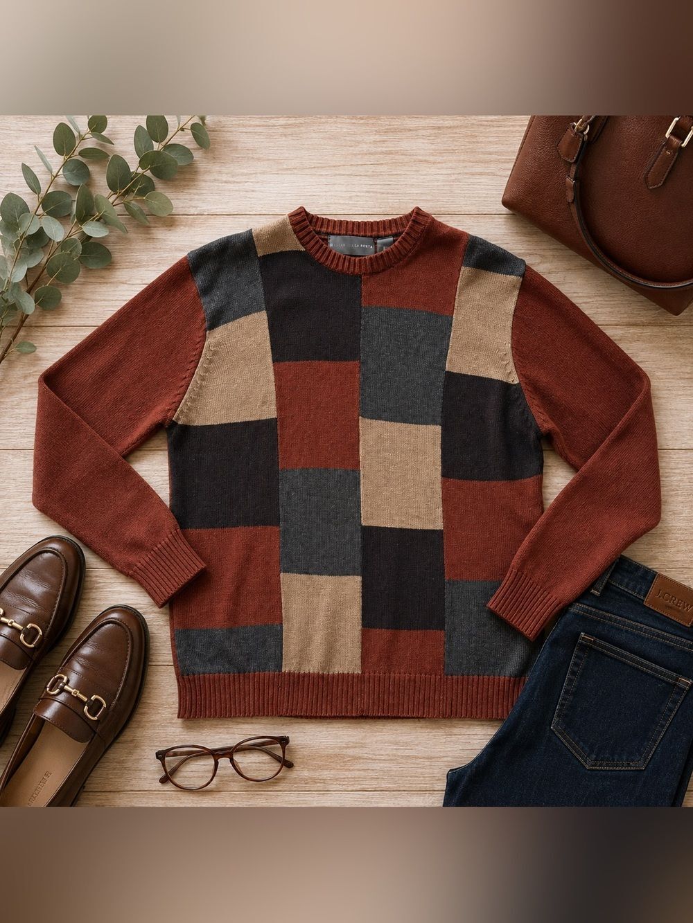Oscar de la Renta Patchwork Colorblock Knit Sweater Size L Rust Gray Tan